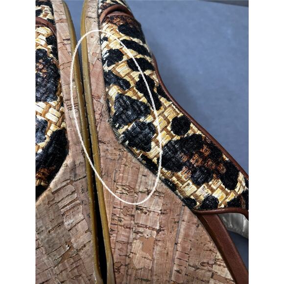 STUART WEITZMAN Leopard Wedges Women Sz 8.5N Sling Back Tan Black Peep Toe Heels - Picture 9 of 9